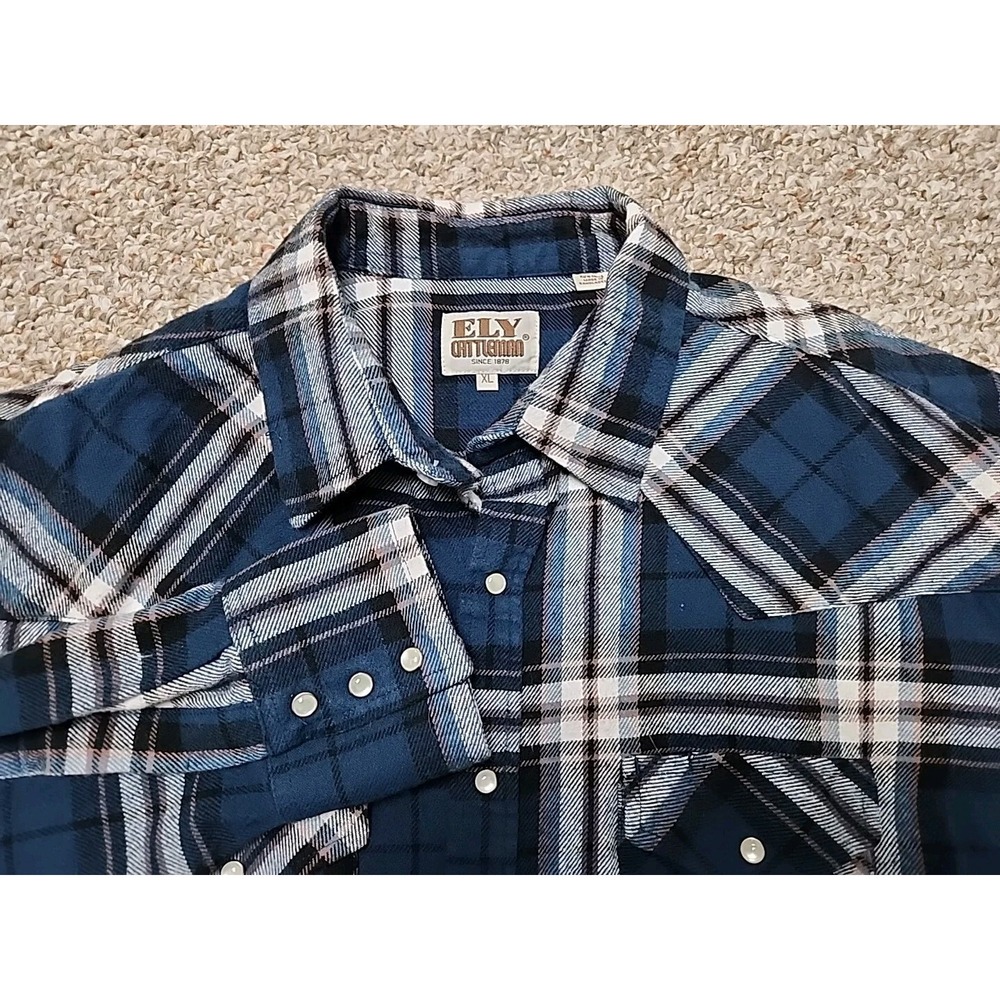 Ely Cattleman Shirt Men XL‎ (50)  Blue Black Pearl Snap Western Flannel